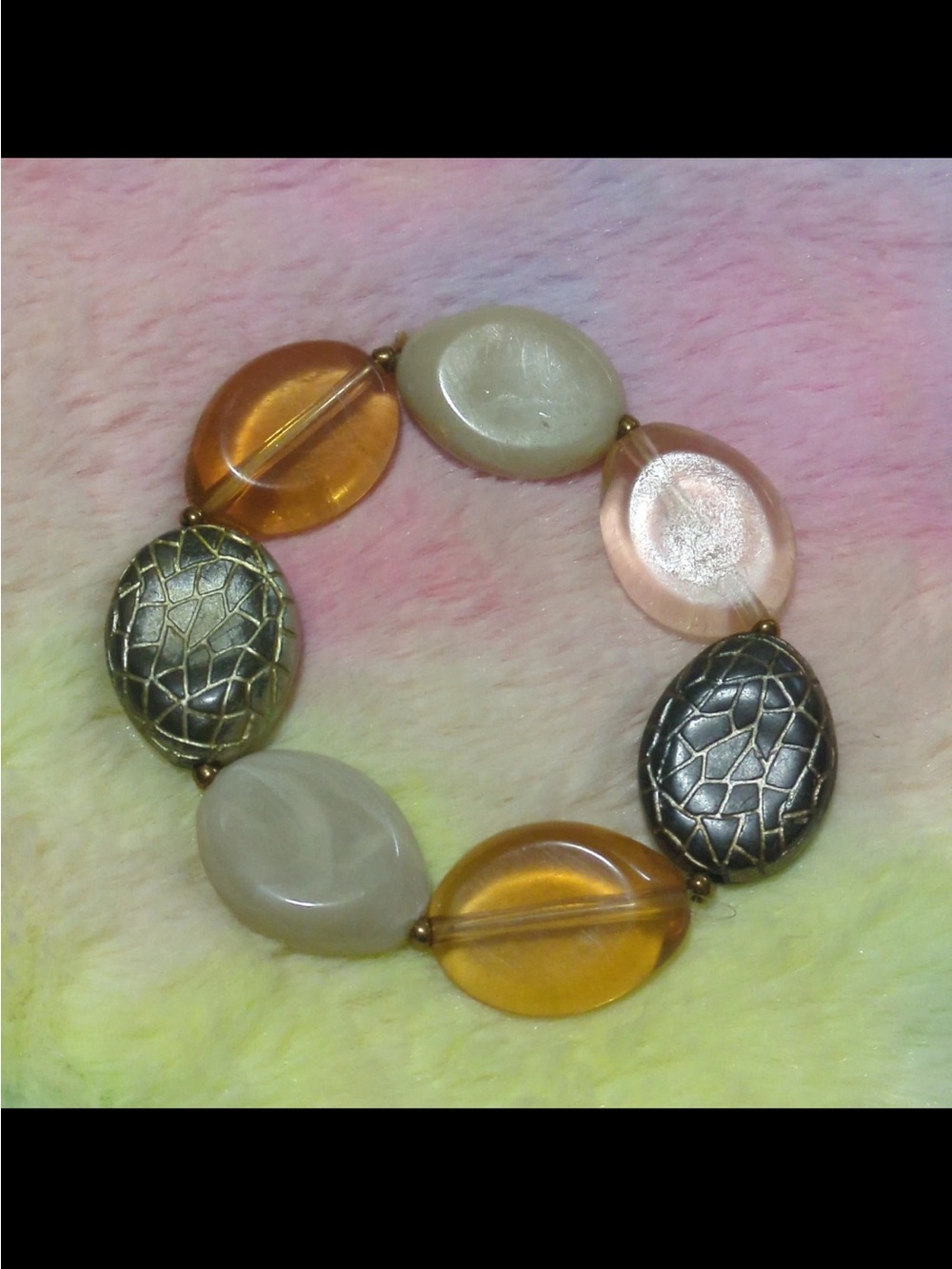 Mixed Tone Oval Bead Stretch Bracelet - Pink, Amber & Silver Accents